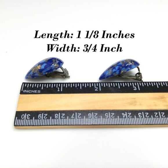 Vintage 1950s Blue Gold Glitter Lucite Clip Earrings Mid Century Modern Jewelry - Picture 9 of 13